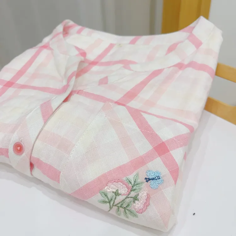 春秋纯棉女士睡衣格子刺绣双层绉纱九分袖长裤家居服套装25441