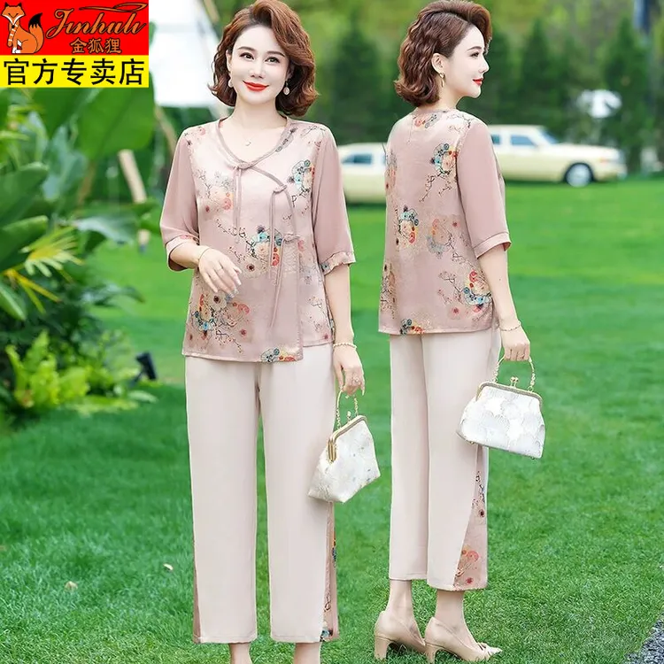 金狐狸妈妈夏装2025新款套装洋气短袖t恤中老年女装国风上衣新中