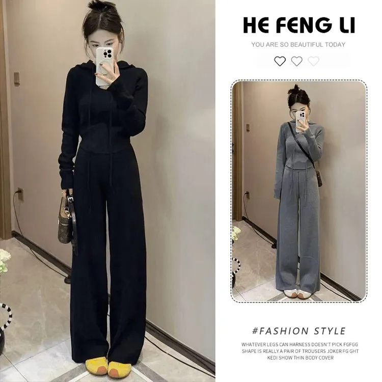 连帽针织卫衣套装2025秋季简约休闲百搭时尚短款毛衣休闲两件套