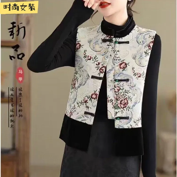 直播款网红复古中国式马夹女国民风马甲气质洋气时尚刺绣盘扣