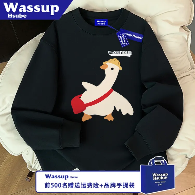 WASSUP HSUBE百搭美式长袖秋冬圆领休闲宽松卡通鸭子印花情侣上衣
