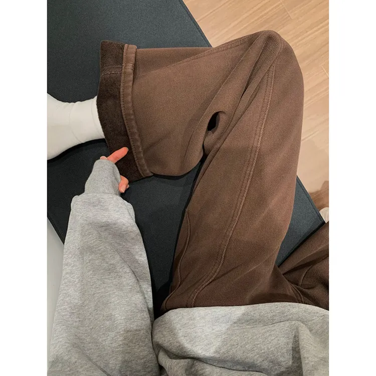 加绒美拉德咖色阔腿牛仔裤女2025秋冬爆款高腰显瘦百搭窄版弯刀裤