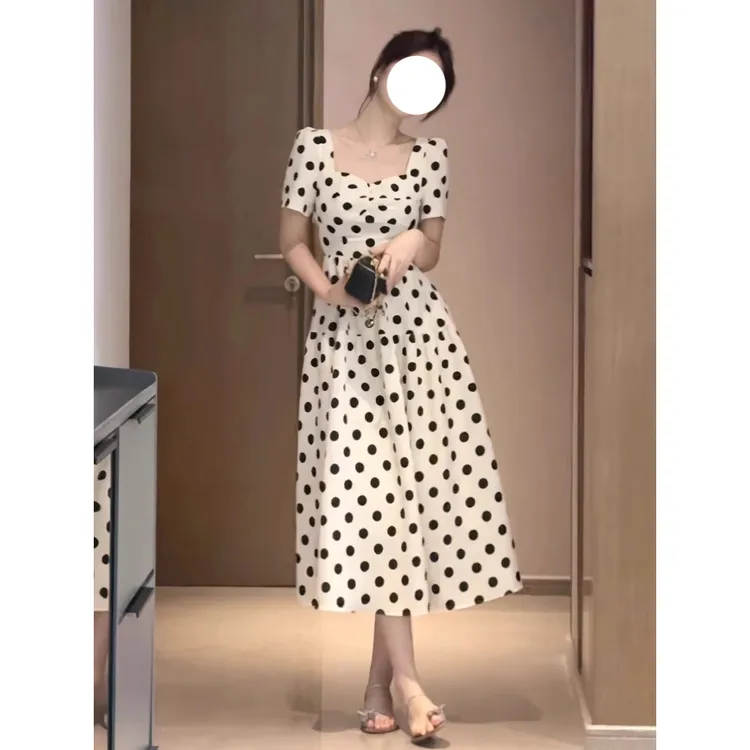 大码女装法式御姐风方领短袖连衣裙女夏季胖mm气质通勤波点长裙子