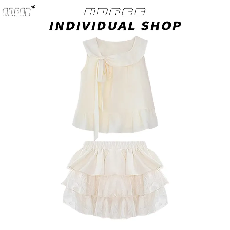 2025夏季爆款甜美宽松上衣蝴蝶结套装衬衫蛋糕半身裙短款两件套女