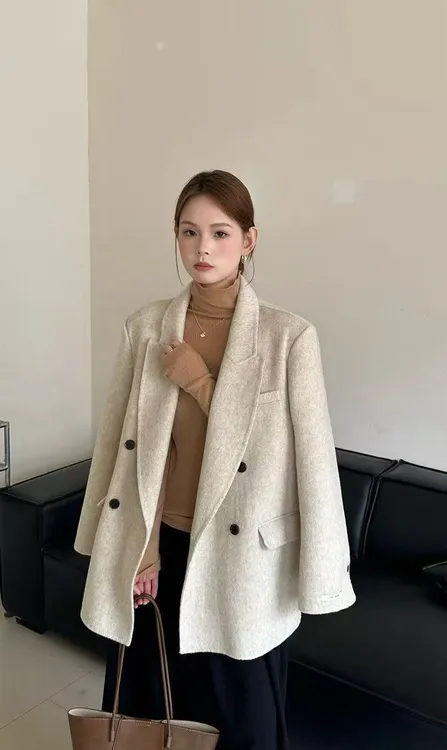 【西西家】双面羊毛大衣女加厚短款韩版宽松小西装