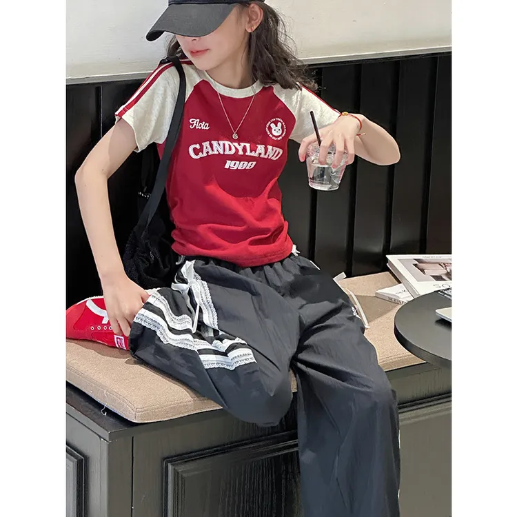 K28436收腰撞色女童短袖T恤2025新款儿童短款上衣女大童小衫休闲t