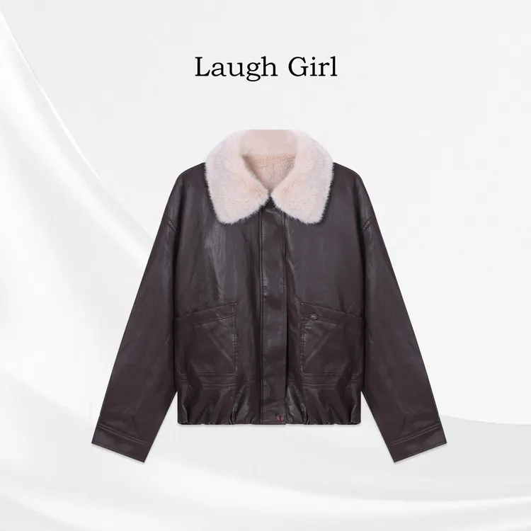 楚楚君 Laugh girl【摩卡旧事】翻领拼接双口袋皮衣外套WL531208J