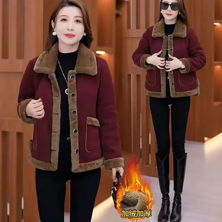 皮尔卡丹中年妈妈冬季加绒加厚棉袄外套中老年女洋气保暖短款棉衣