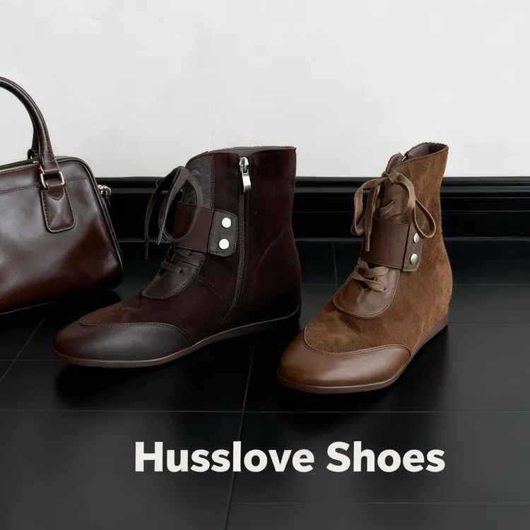 HUSSLOVE 植鞣马皮·跟高3.5CM·英伦复古拼接系带可拆卸百搭短靴