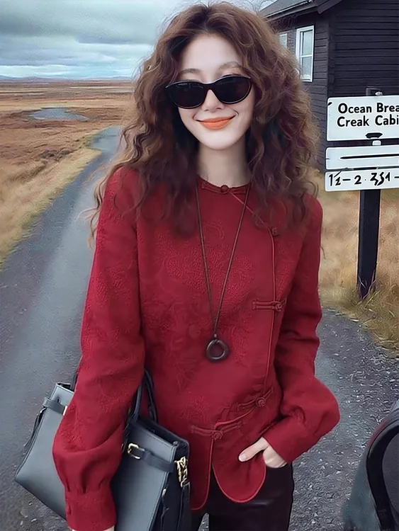 复古新中式红色斜襟盘扣长袖上衣女2025秋冬季新款本命年新年开衫