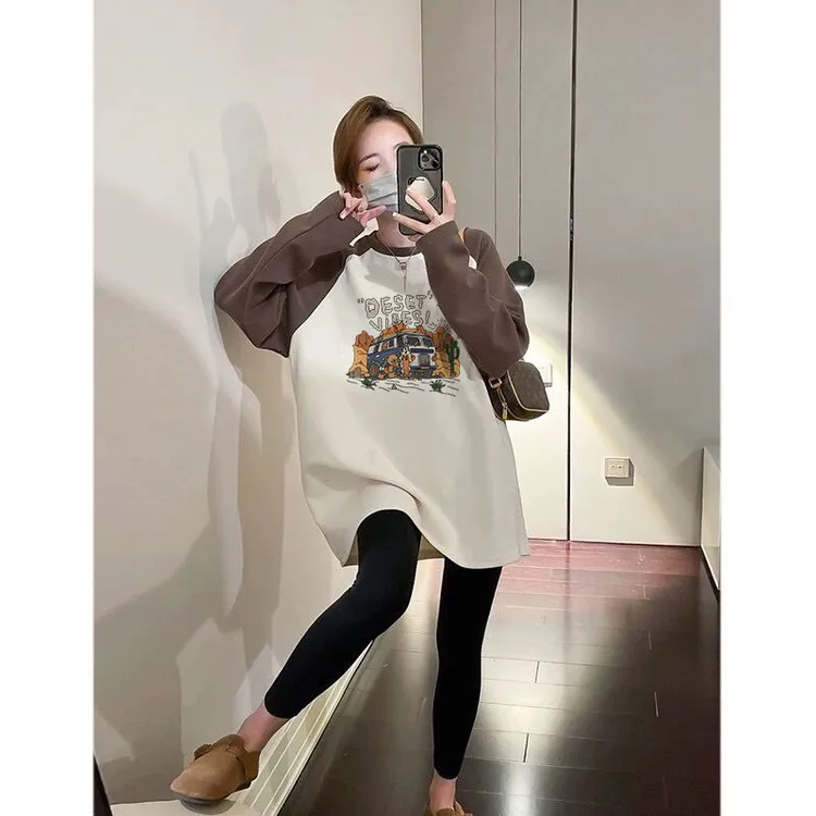 撞色宽松大码长袖T恤女2025春秋新款中长款遮屁股打底衫上衣
