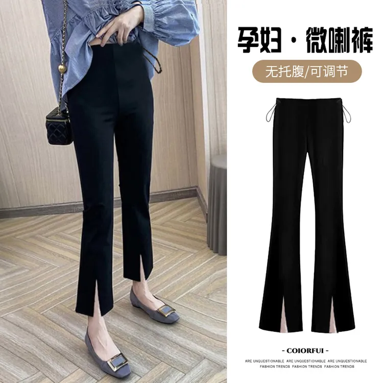小个子孕妇裤子外穿春秋开叉微喇叭西装裤黑色无托腹冬季加绒加厚