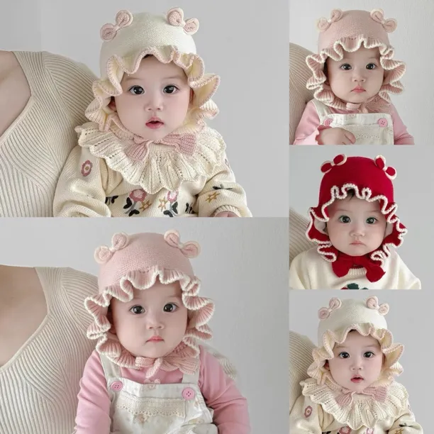 婴儿帽子宝宝公主风甜美针织帽女童秋冬季防风护耳毛线帽可爱风