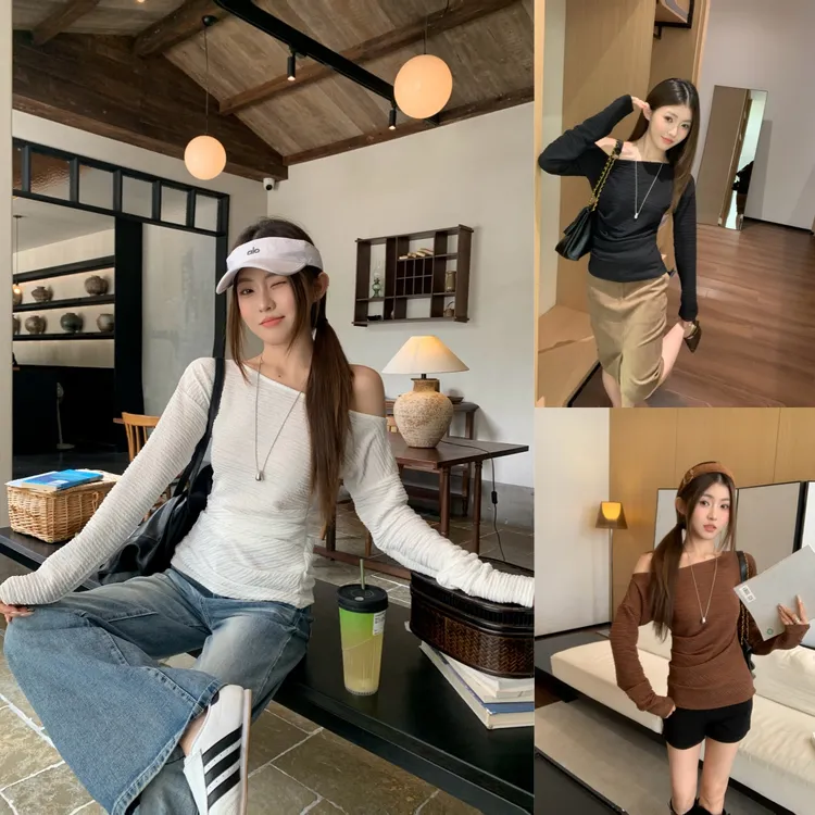 辣妹斜肩肌理感气质修身显瘦露肩百搭长袖早秋新款上衣女26253商品图