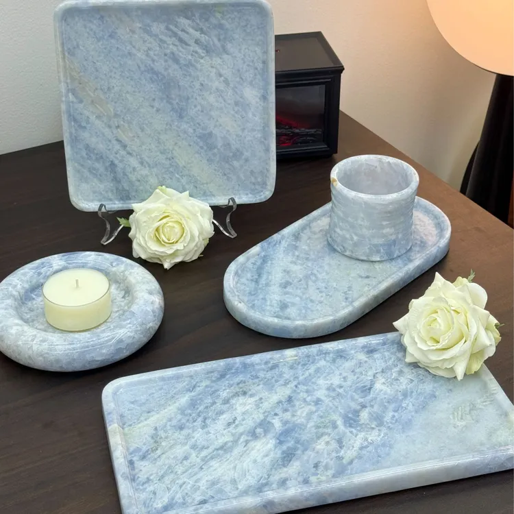 天然大理石蓝水晶家居摆件方形托盘家用简约复古创意设计款摆件