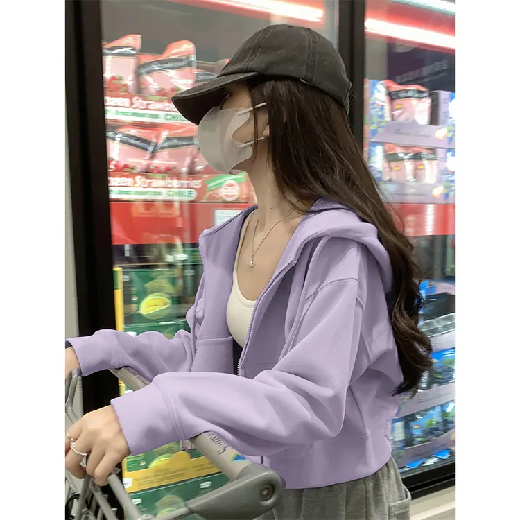 芋泥紫连帽卫衣外套女春秋季2025新款设计感休闲拉链开衫短款上衣