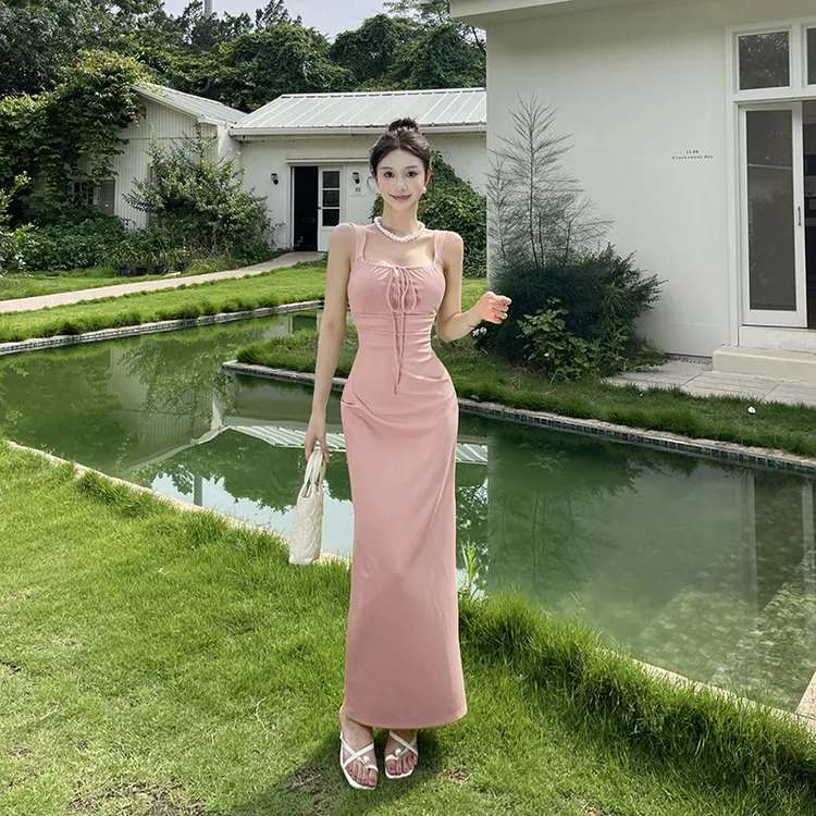 抽绳系带吊带裙女夏季性感修身包臀长裙修身高腰连衣裙