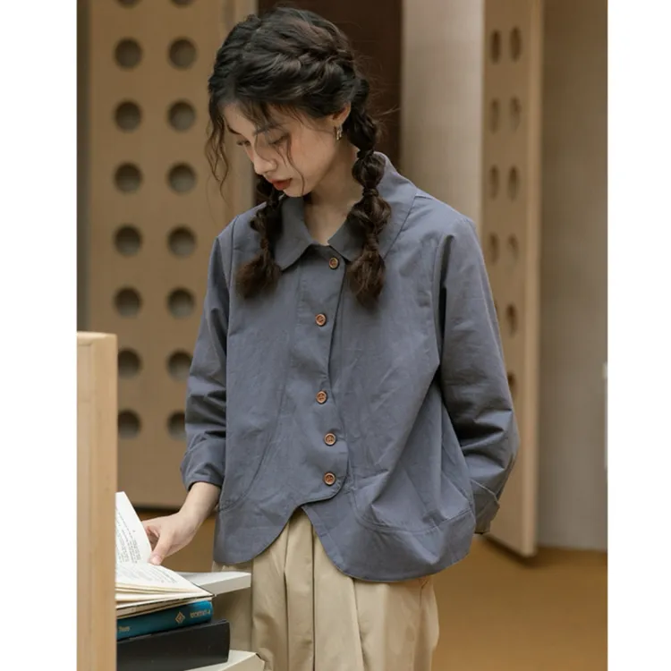日系宽松显瘦设计感衬衫上衣女2025早秋款Polo领长袖开衫衬衣
