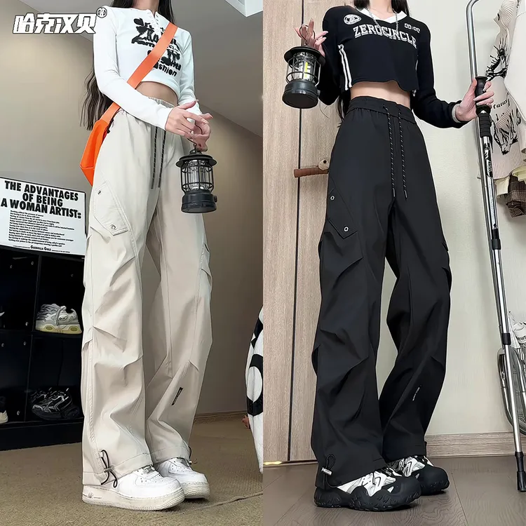 机能工装冲锋裤男女秋季防风防水户外登山裤宽松大码压褶休闲长裤