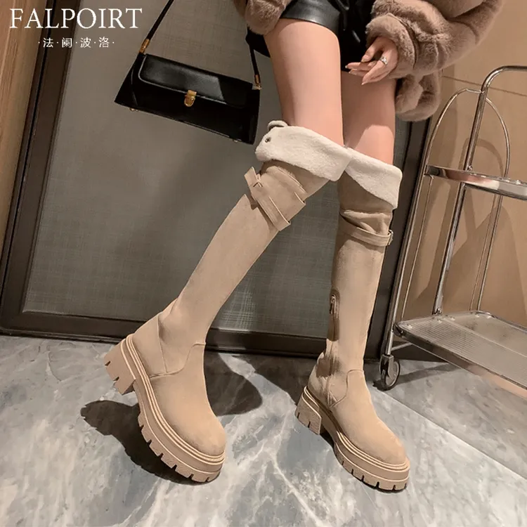 FALPOIRT两穿毛毛高筒靴女绒面2025秋冬新款骑士长靴厚底过膝显瘦