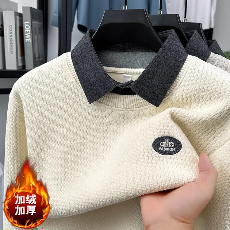 【欧棉绒】男衬衫领假两件毛衫刺绣冬季针织毛衣男士加绒加厚保暖