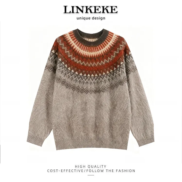 复古巨好看费尔岛提花毛衣女大码秋冬季氛围感显瘦减龄洋气针织衫