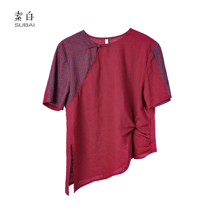 素白复古亚麻【多元】93269拼接中式斜襟上衣T恤