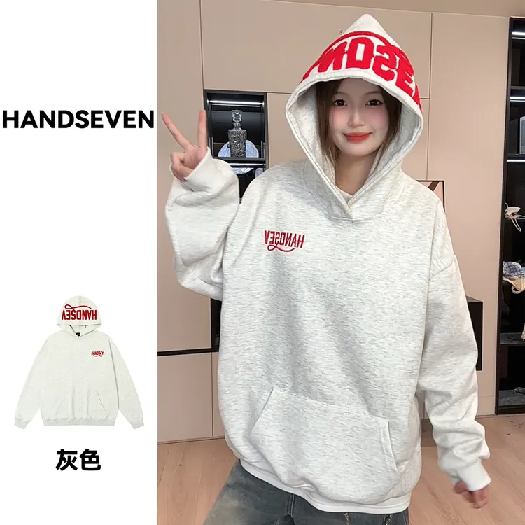 HandSeven美式秋冬复古毛巾刺绣连帽卫衣宽松休闲百搭外套帽衫