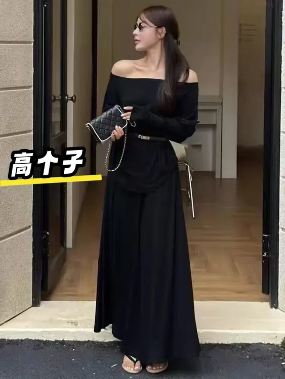 裙长102高个子加长斜肩收腰显瘦上衣松紧腰半身裙腰带三件套
