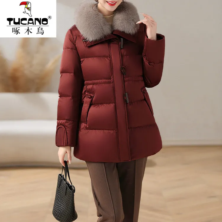 啄木鸟2025新款一手长妈妈羽绒服真狐狸毛领白鸭绒洋气显瘦中老年