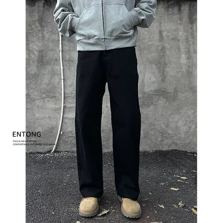 Entong美式高街vibe黑色直筒牛仔裤男生大码宽松显瘦显高复古长裤