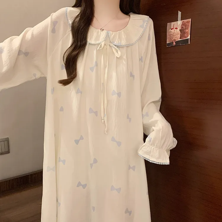 带胸垫睡衣女春秋季满印蝴蝶结公主风花边长袖睡裙2025新款家居服
