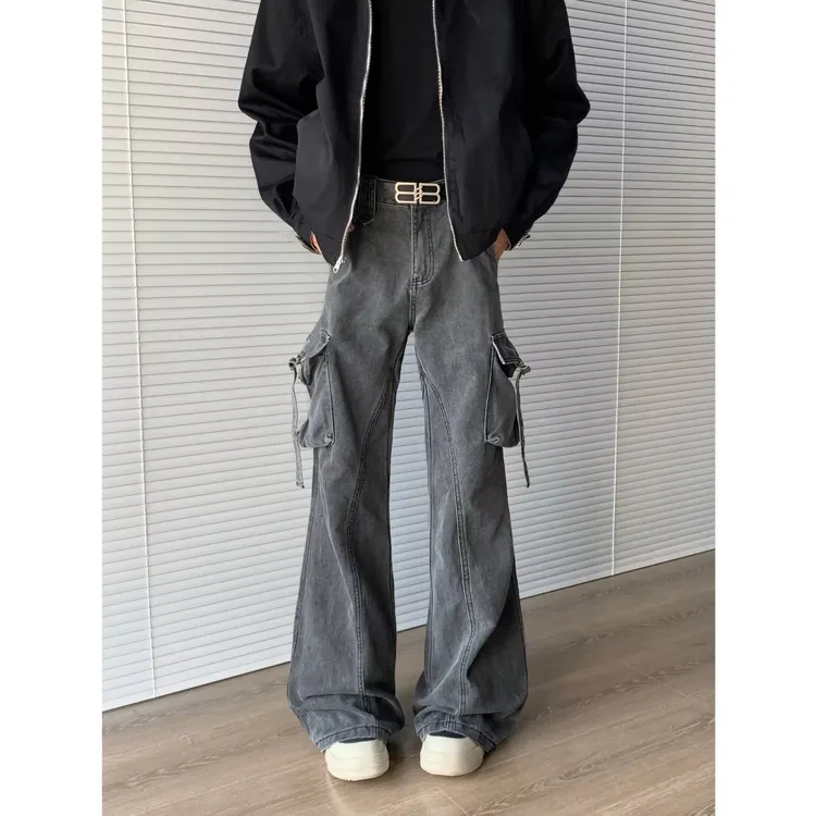 美式多口袋工装牛仔裤男款高街复古宽松直筒百搭潮流修身微喇裤子