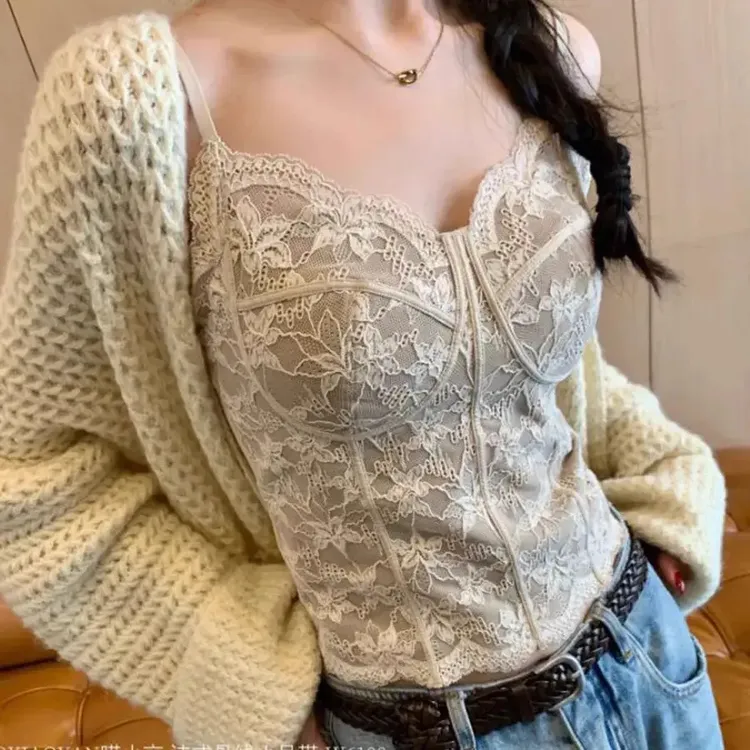 绝美蕾丝纯欲风吊带女磨毛保暖带胸垫可外穿背心修身显瘦内搭上衣