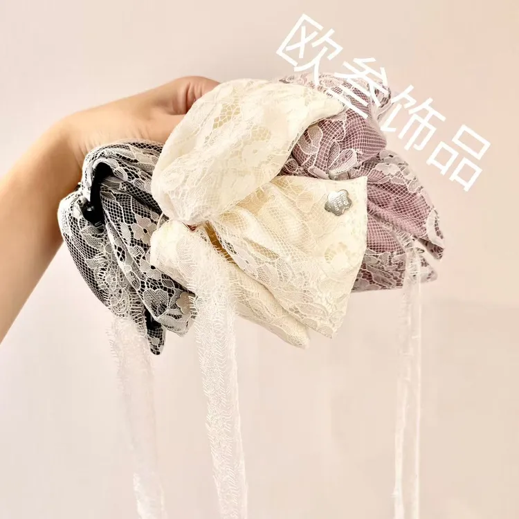 zj424蕾丝缎面双层全包飘带大抓夹13cm鲨鱼夹发饰高级百搭纯手工