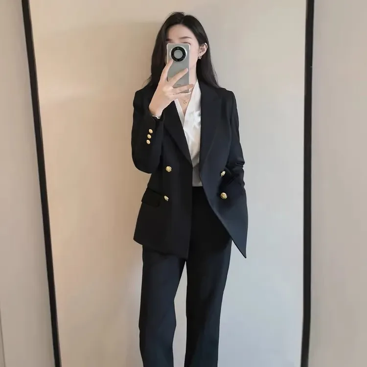 轻职场西装外套女春秋新款双排扣大学生面试教资职业装工作服正装