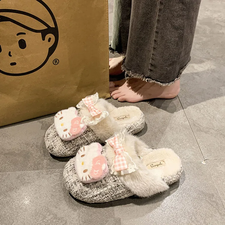 可爱卡通包头毛毛拖鞋女2025新款冬季外穿加绒时尚舒适居家棉拖鞋