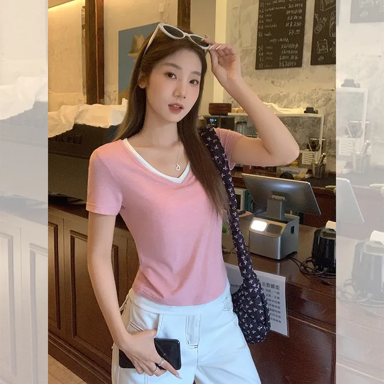 拼接撞色假两件纯欲领设计感短袖T恤女2025夏季独特绝美气质上衣