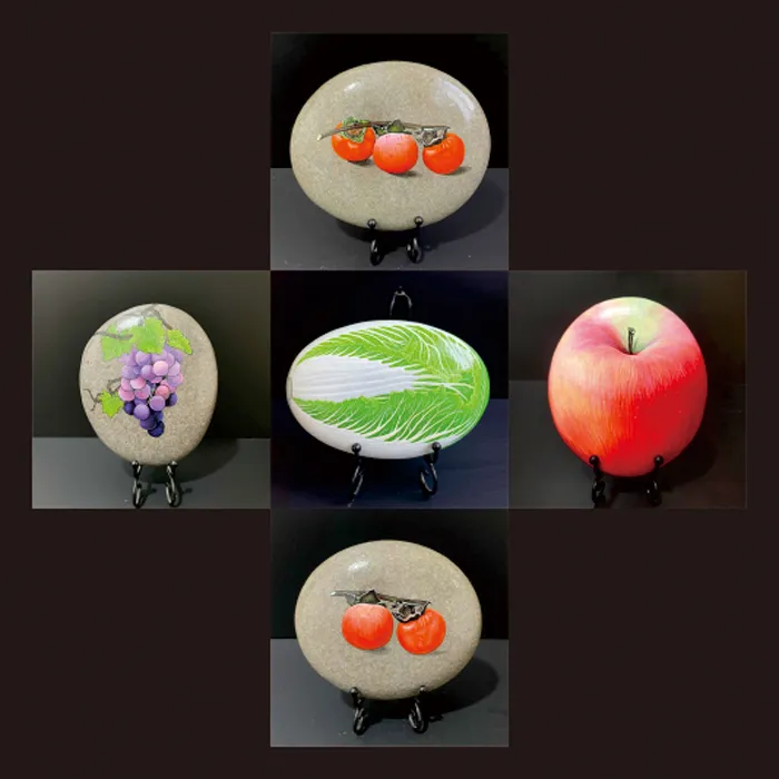 高端纯手绘不掉色丙烯石头画成品苹果柿子白菜蔬菜水果系列节日礼