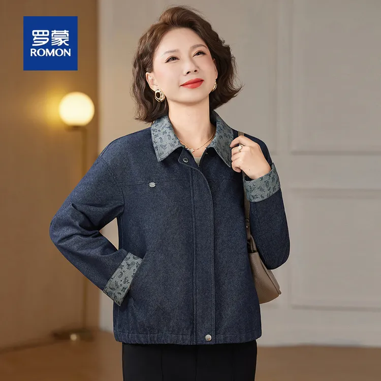 罗蒙小个子妈妈秋装洋气牛仔外套新款中老年女春秋贵夫人短款上衣