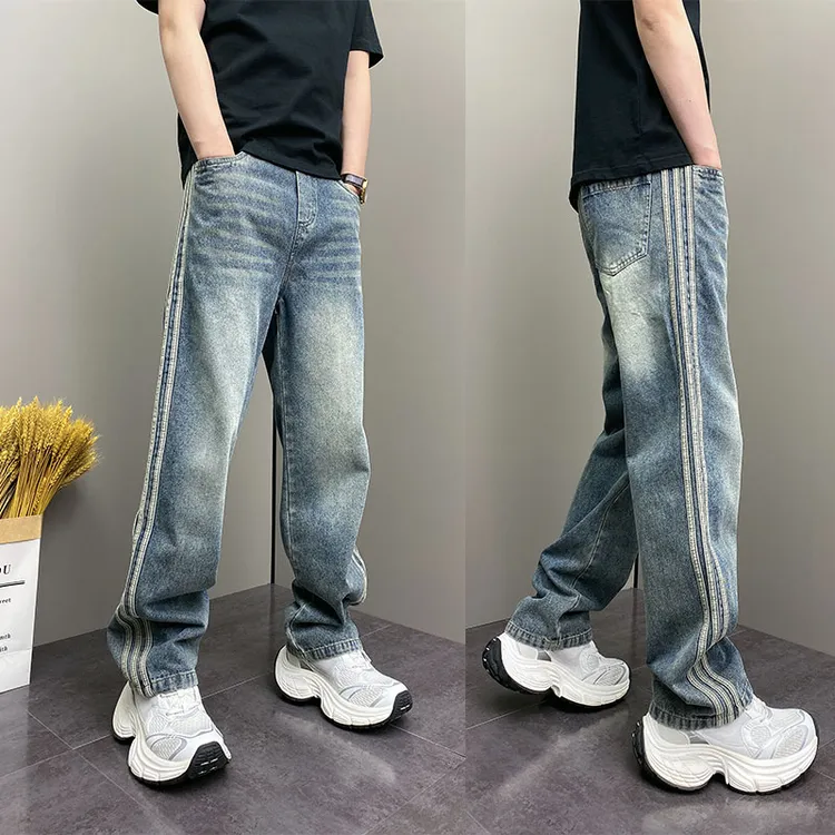 春秋季水洗蓝色牛仔长裤网红爆款ins垂感直筒裤百搭侧条纹休闲裤