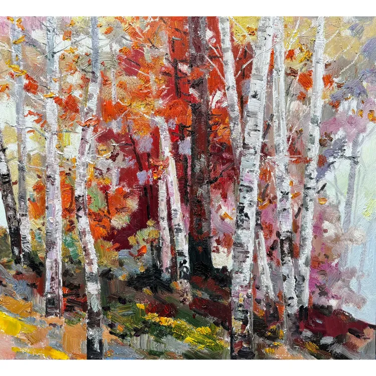 8210吴民本《枫红映桦》原创手绘油画枫叶题材55*62cm客厅餐厅茶室