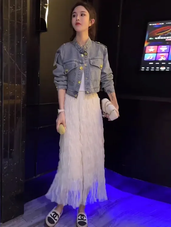 美式复古个性金扣短款牛仔外套+波浪卷网纱高腰显瘦纱裙半身裙