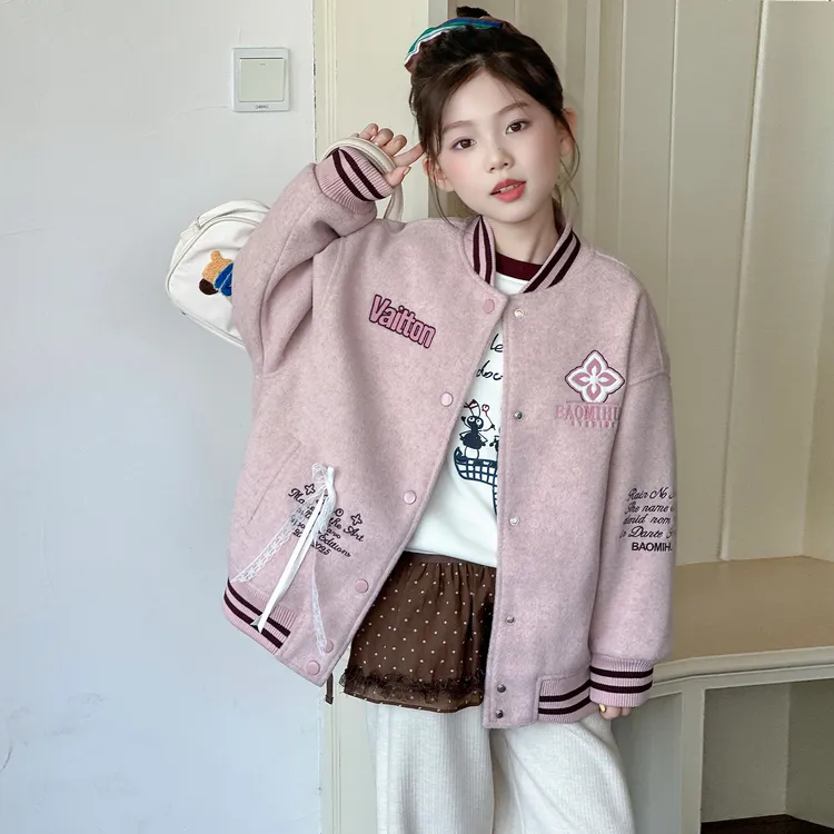 女童秋冬款夹棉加厚呢子外套女大童时髦洋气棒球服儿童冬装棒球服