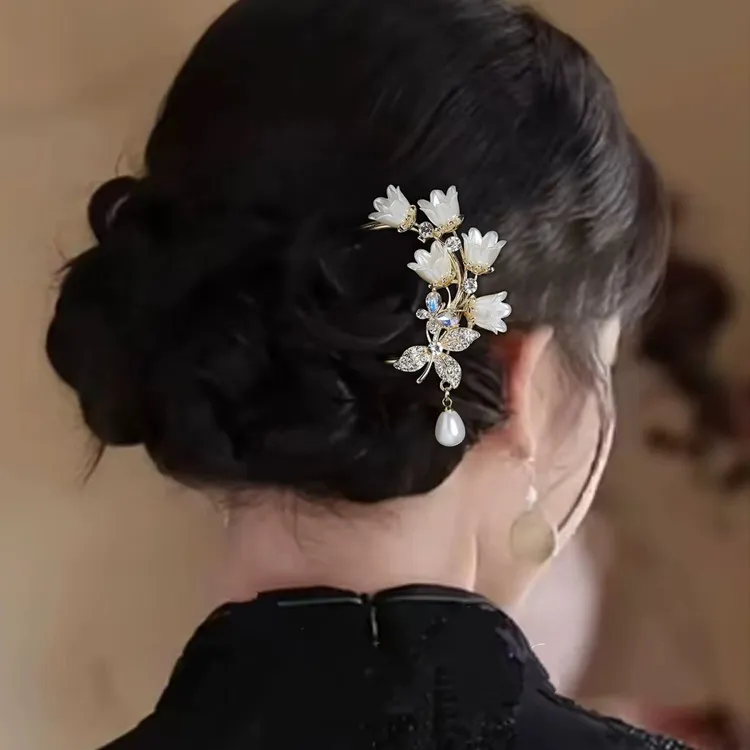 超仙铃兰花U型发簪高级感古风汉服旗袍盘发衩梳中式花朵步摇发钗