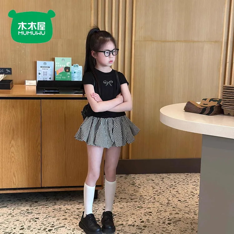 女童夏季套装女宝宝短袖上衣格子花苞半身裙儿童洋气两件套