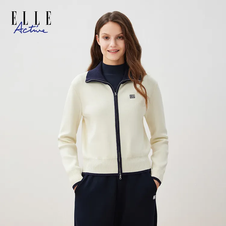 ELLE Active撞色针织开衫女款秋季时尚翻领双拉链休闲上衣老钱风