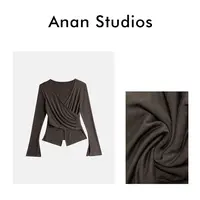 Anan Studios【竹影】优雅风V显瘦交叉羊毛天丝上衣  250016★