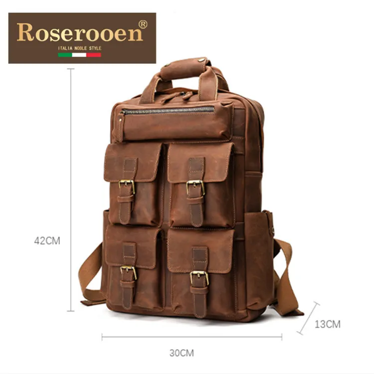 Roserooen真皮大容量男士双肩包旅行户外单肩手提背包欧美复古多