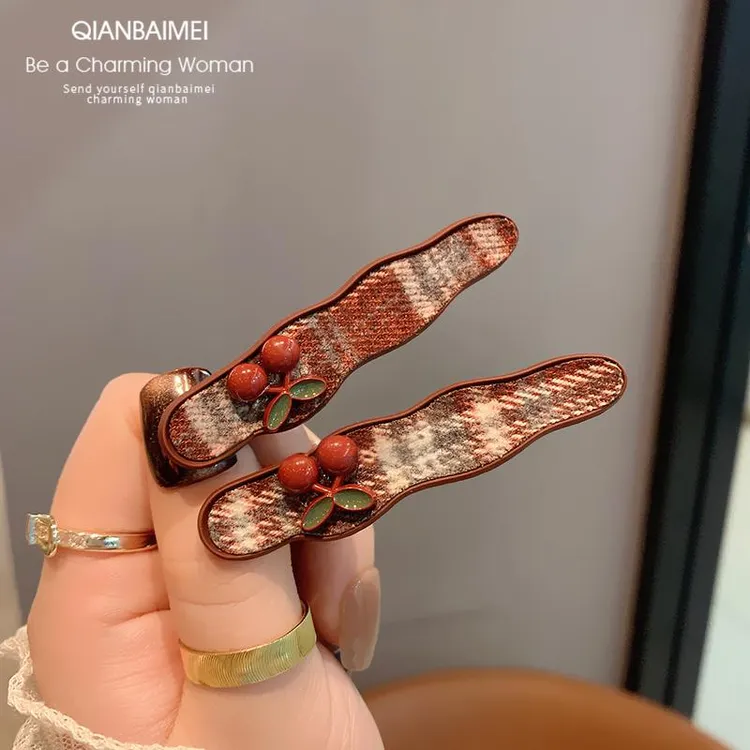 韩国甜美个性格纹樱桃发夹女款高级感秋冬侧边夹刘海碎发整理神器